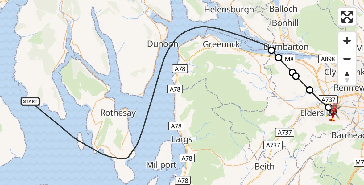 Flight path map showing Air Ambulance Helicopter route from Inner Seas to Royal Alexandria Hospital Paisley