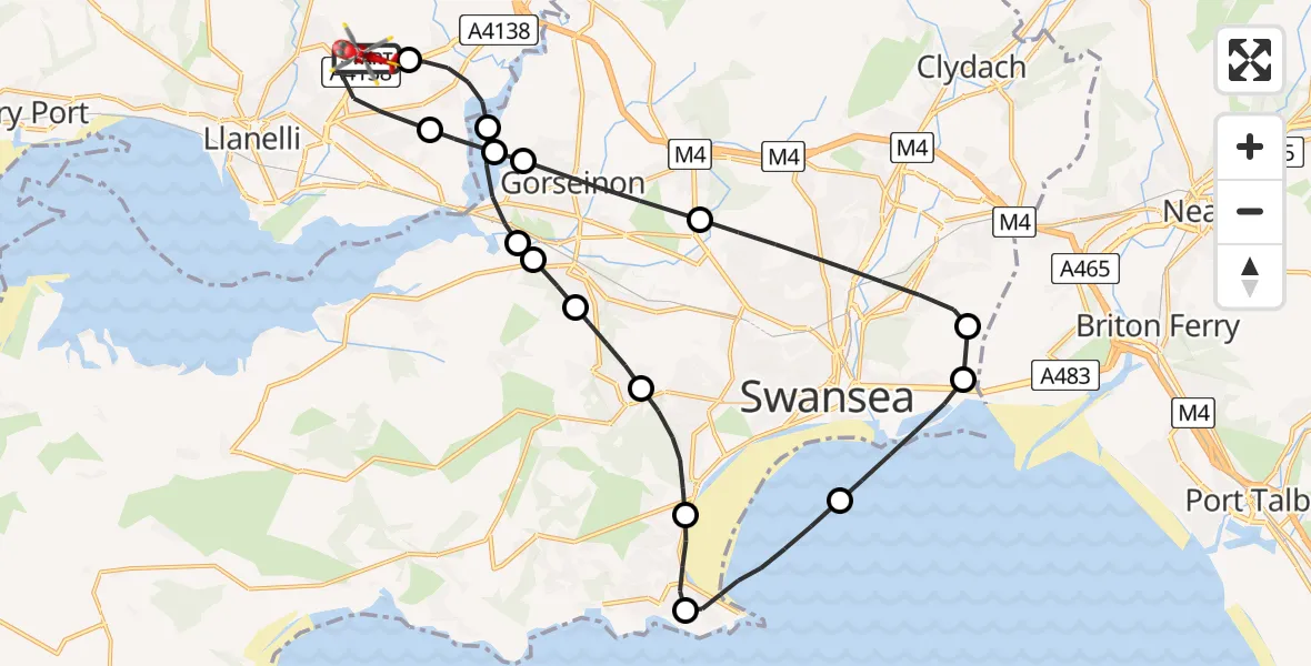Flight path map showing Air Ambulance Helicopter route from Dafen to Dafen