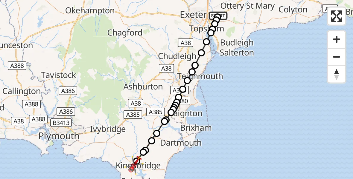 Flight path map showing Air Ambulance Helicopter route from East Devon to West Alvington