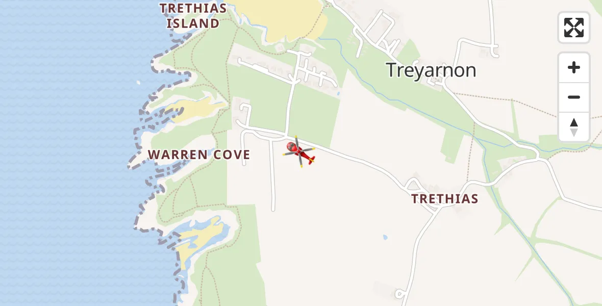 Flight path map showing Air Ambulance Helicopter route from Treyarnon to Treyarnon