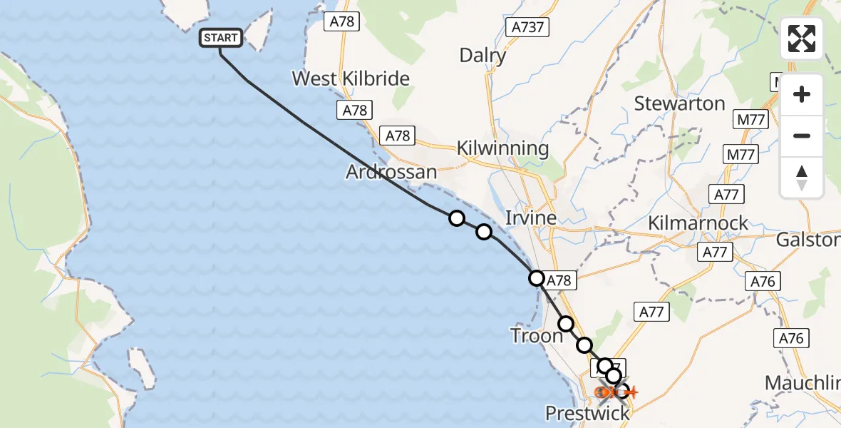 Flight path map showing Coastguard Helicopter route from Inner Seas to Glasgow Prestwick Airport