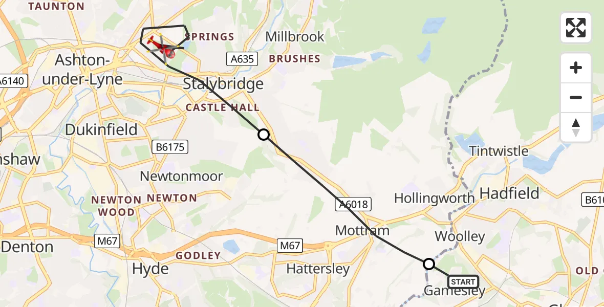 Flight path map showing Air Ambulance Helicopter route from Gamesley to Stalybridge