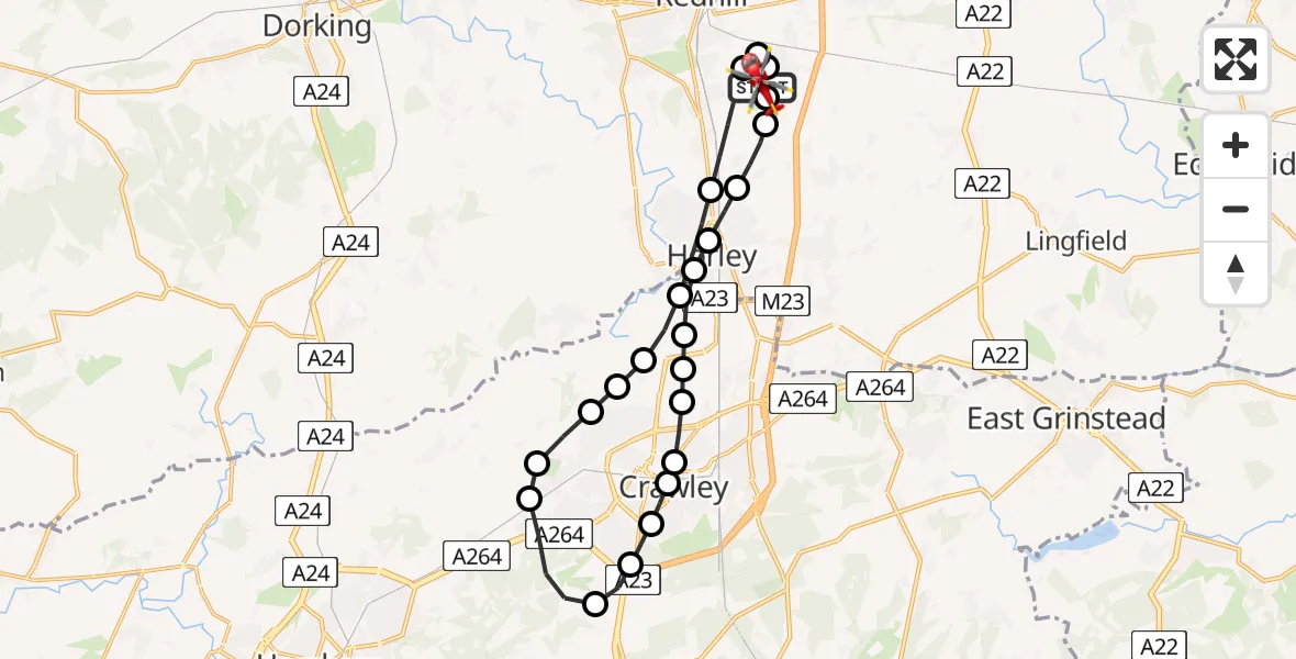Flight path map showing Air Ambulance Helicopter route from Redhill Aerodrome to Redhill Aerodrome