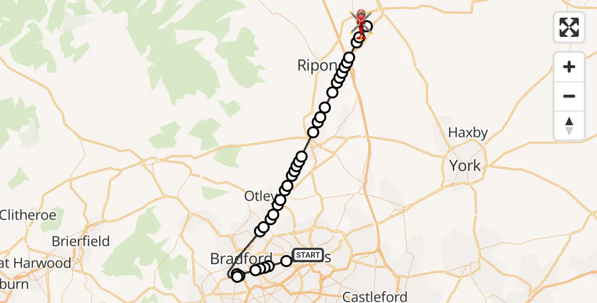 Flight path map showing Air Ambulance Helicopter route from Leeds to RAF Topcliffe