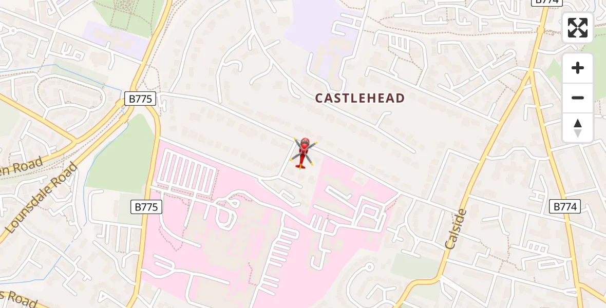 Flight path map showing Air Ambulance Helicopter route from Royal Alexandria Hospital Paisley to Royal Alexandria Hospital Paisley
