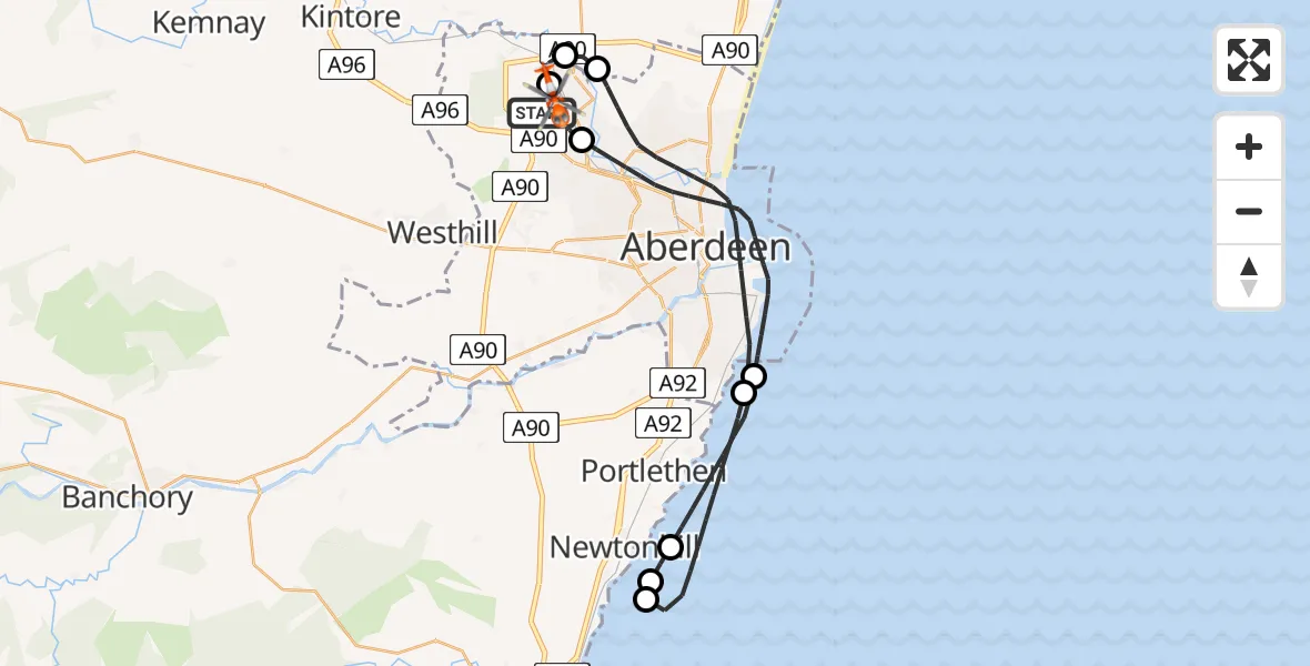 Flight path map showing Coastguard Helicopter route from Aberdeen International Airport to Aberdeen International Airport