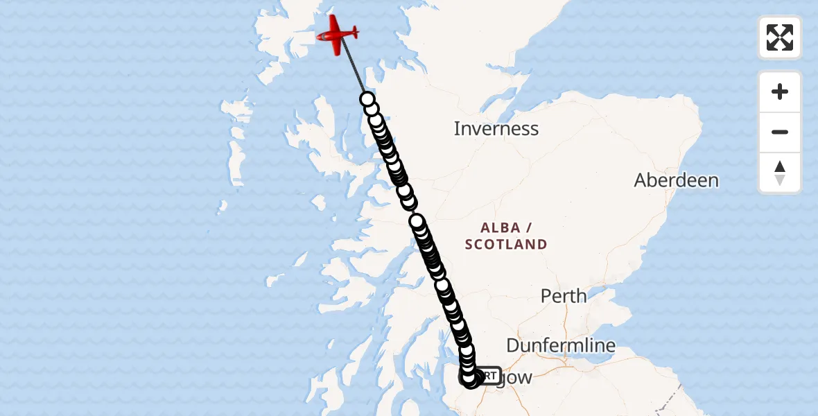 Flight path map showing Air Ambulance Aircraft route from Glasgow Airport to Inner Seas