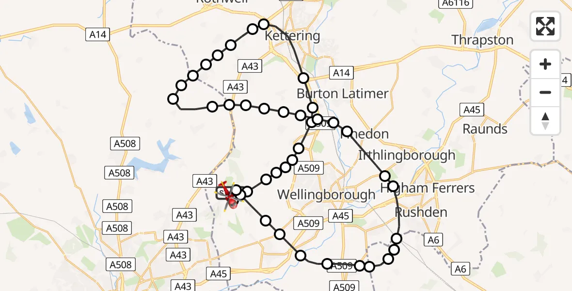 Flight path map showing Air Ambulance Helicopter route from Sywell Aerodrome to Sywell Aerodrome