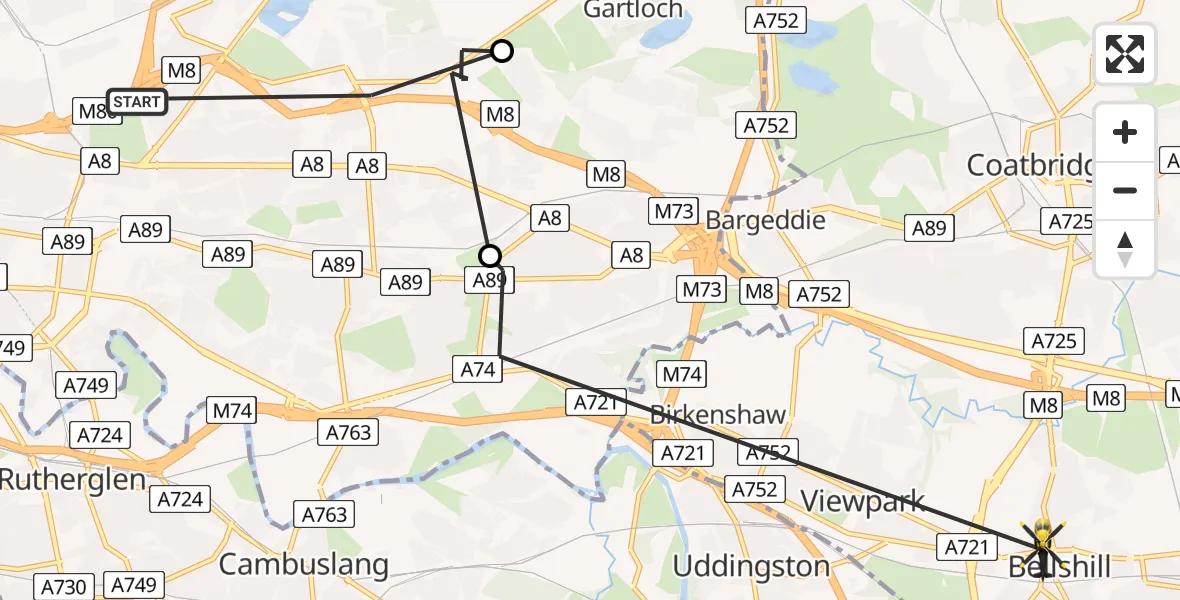 Flight path map showing Police Helicopter route from Glasgow to Bellshill