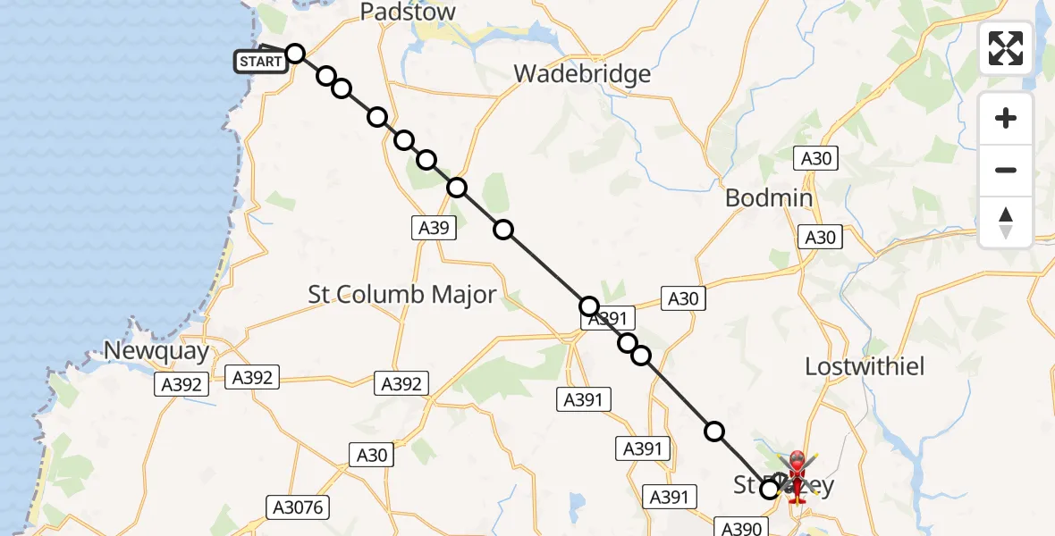 Flight path map showing Air Ambulance Helicopter route from Treyarnon to St Blazey