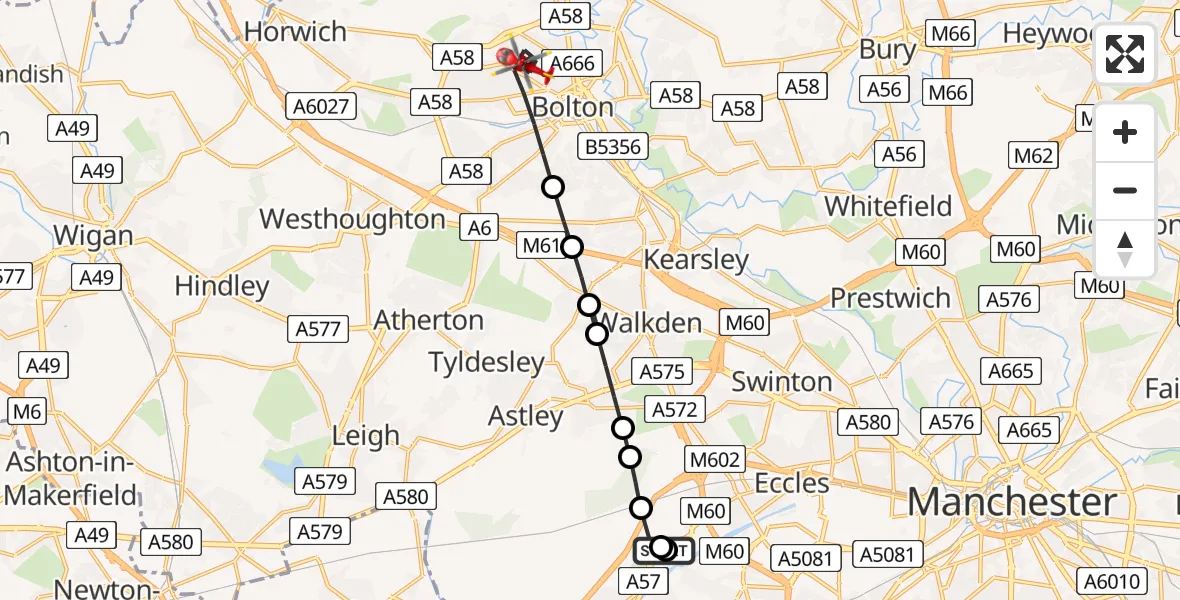 Flight path map showing Air Ambulance Helicopter route from Manchester Barton Aerodrome to Bolton