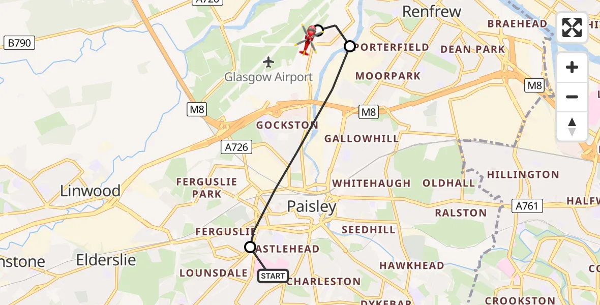 Flight path map showing Air Ambulance Helicopter route from Royal Alexandria Hospital Paisley to Glasgow Airport