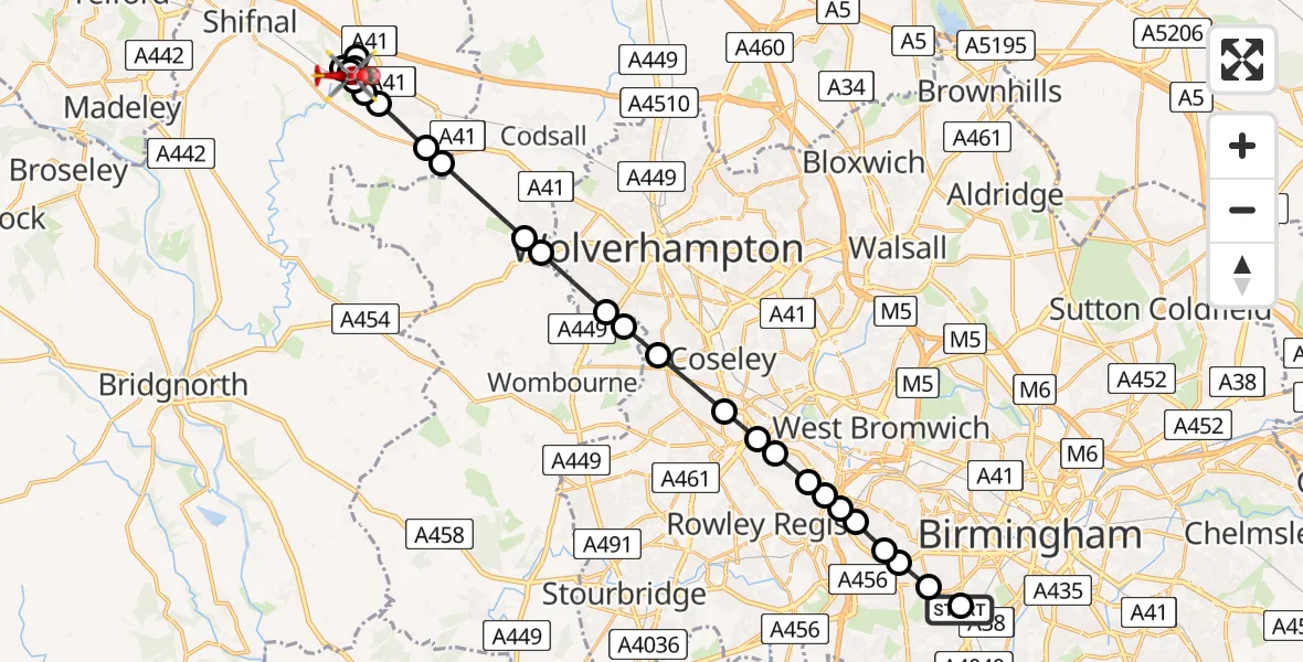 Flight path map showing Air Ambulance Helicopter route from Queen Elizabeth Hospital Helipad to Cosford