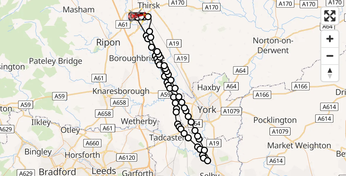 Flight path map showing Air Ambulance Helicopter route from RAF Topcliffe to RAF Topcliffe