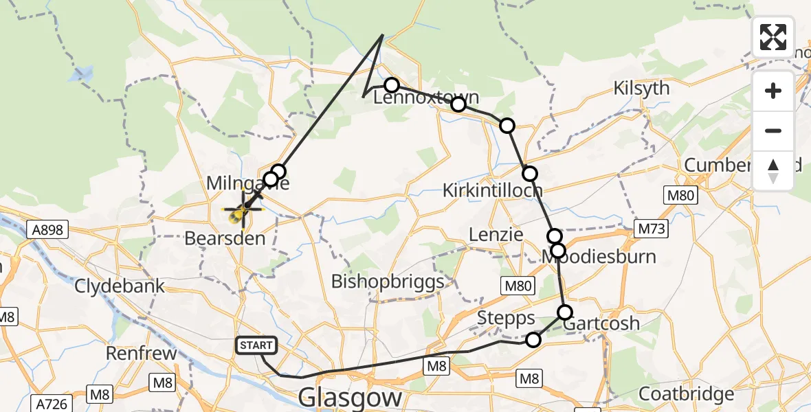 Flight path map showing Police Helicopter route from Glasgow to Milngavie