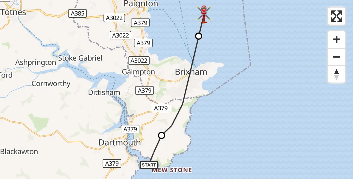 Flight path map showing Air Ambulance Helicopter route from Kingswear to English Channel