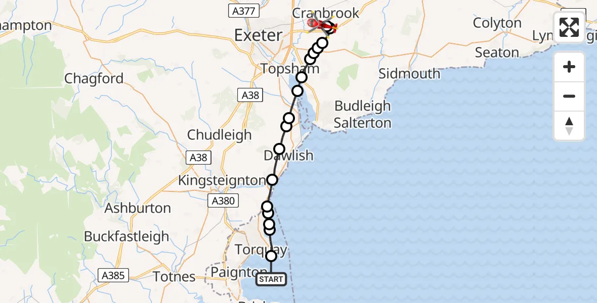 Flight path map showing Air Ambulance Helicopter route from English Channel to Exeter International Airport