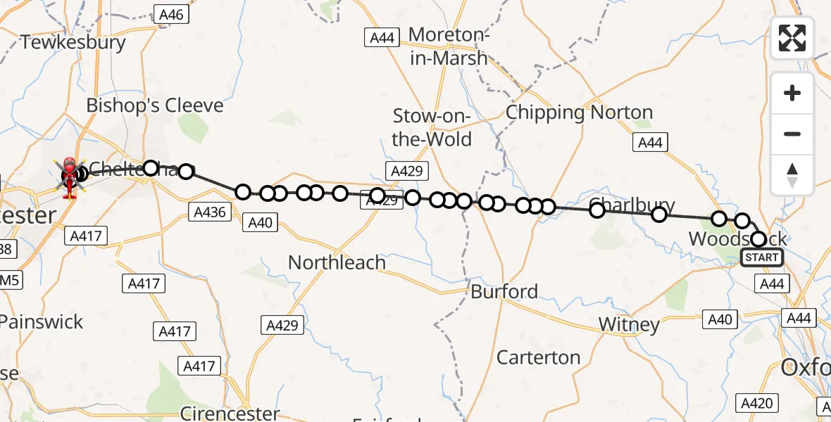 Flight path map showing Air Ambulance Helicopter route from London Oxford Airport to Gloucestershire Airport