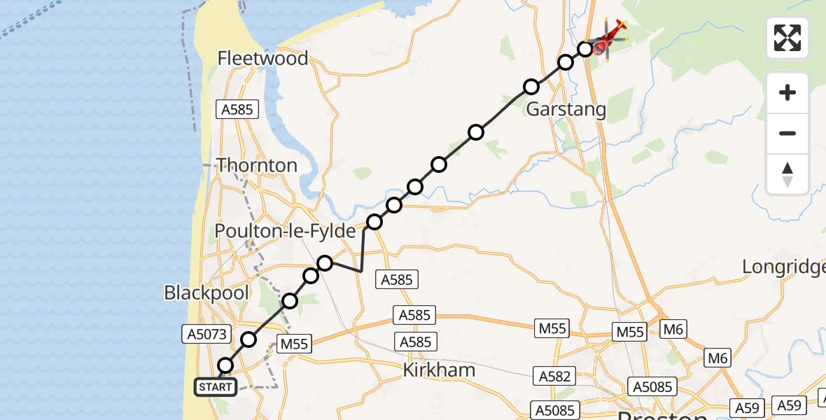 Flight path map showing Air Ambulance Helicopter route from Blackpool Airport to Scorton