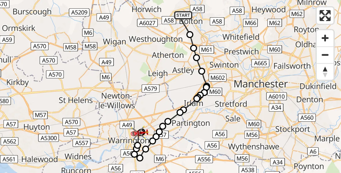 Flight path map showing Air Ambulance Helicopter route from Bolton to Warrington