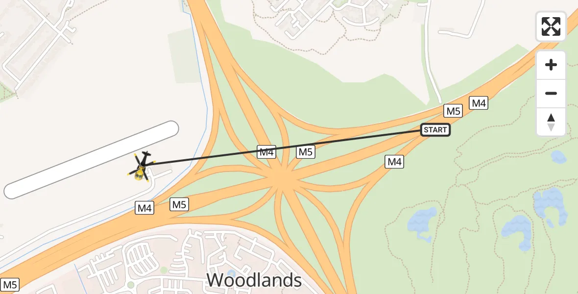 Flight path map showing Police Helicopter route from Woodlands to Almondsbury Helicopter Base