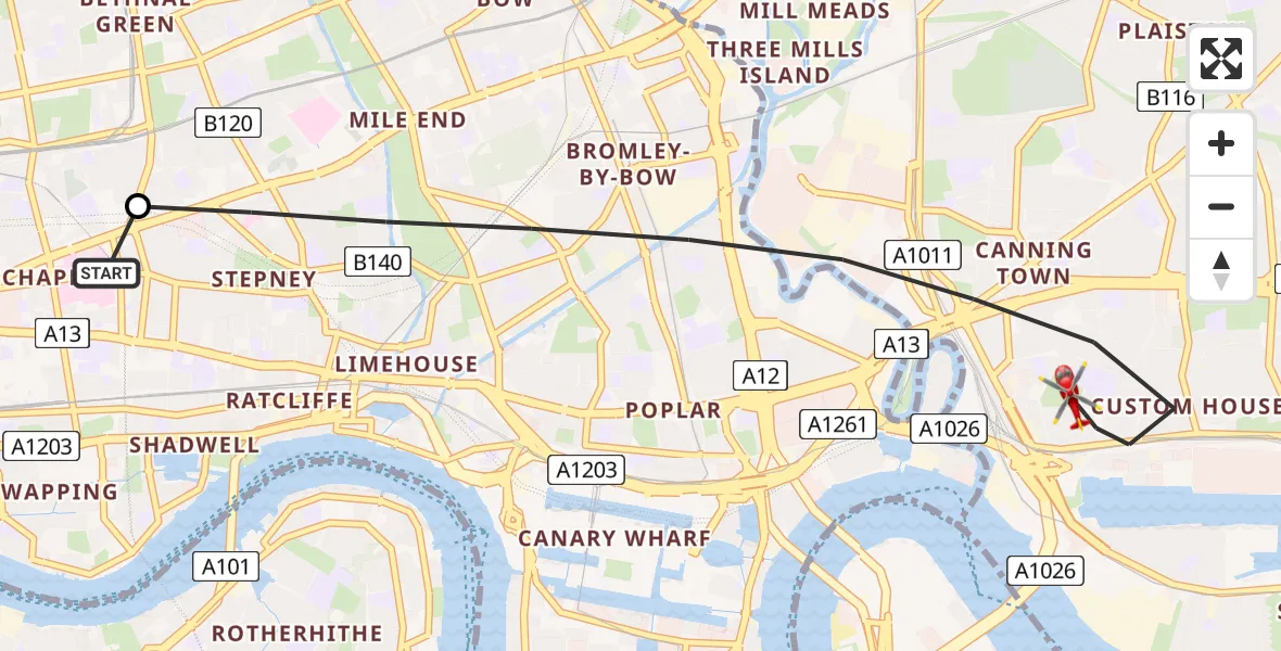 Flight path map showing Air Ambulance Helicopter route from Royal London Hospital to Greater London