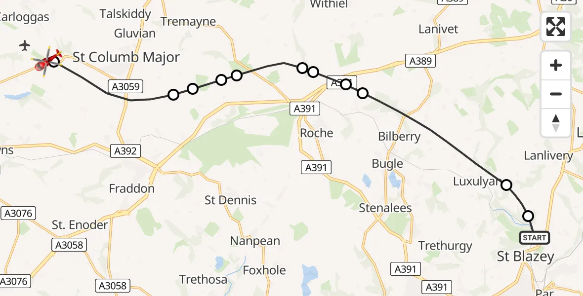 Flight path map showing Air Ambulance Helicopter route from Luxulyan to Cornwall Airport Newquay