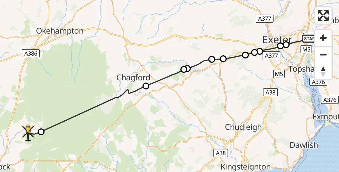 Flight path map showing Police Helicopter route from Exeter to West Devon