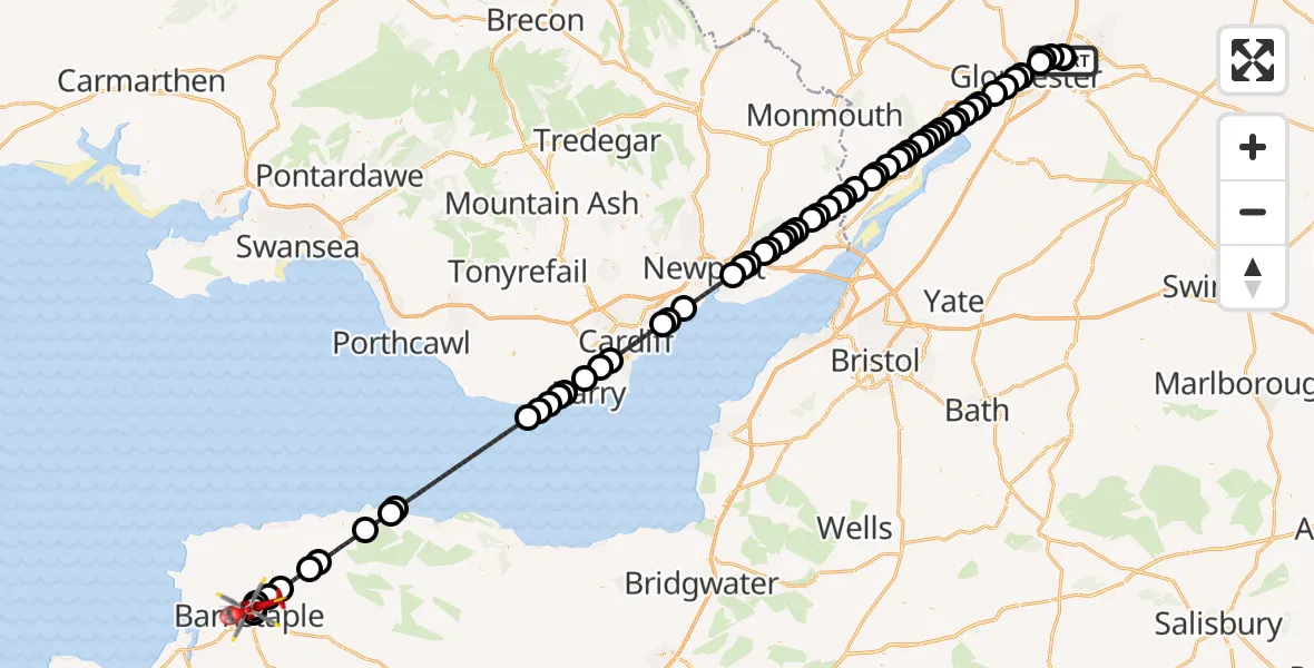 Flight path map showing Air Ambulance Helicopter route from Gloucestershire Airport to North Devon Hospital