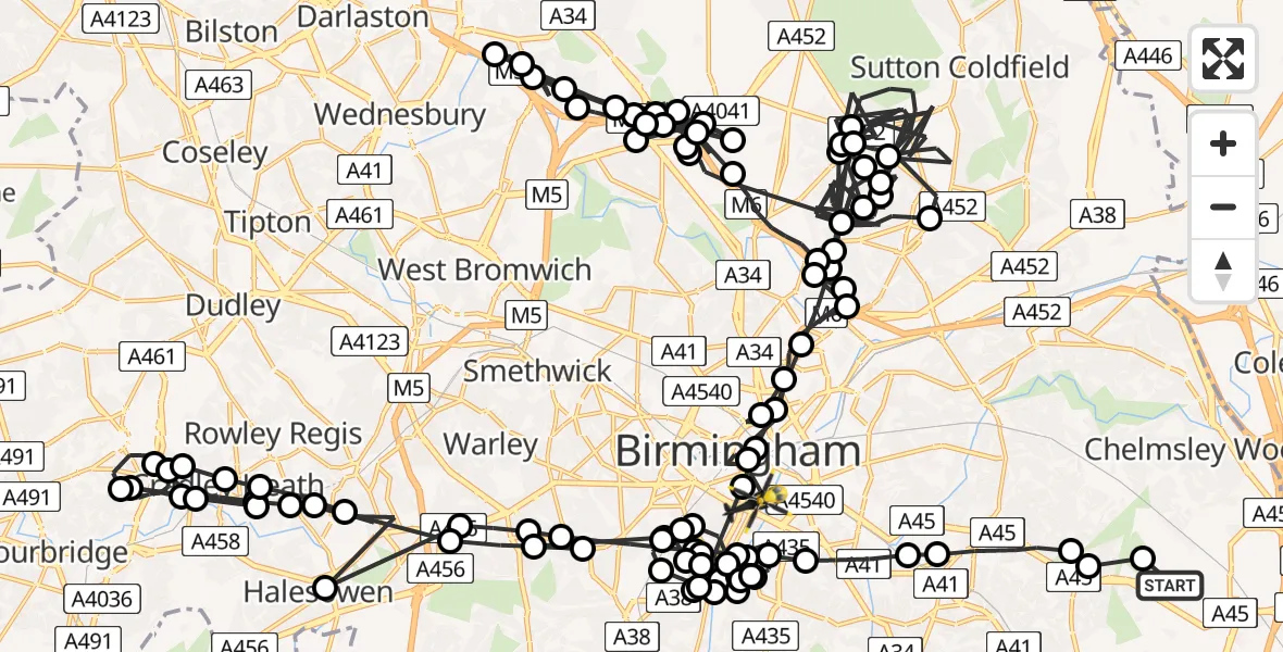 Flight path map showing Police Helicopter route from Birmingham Airport to Highgate