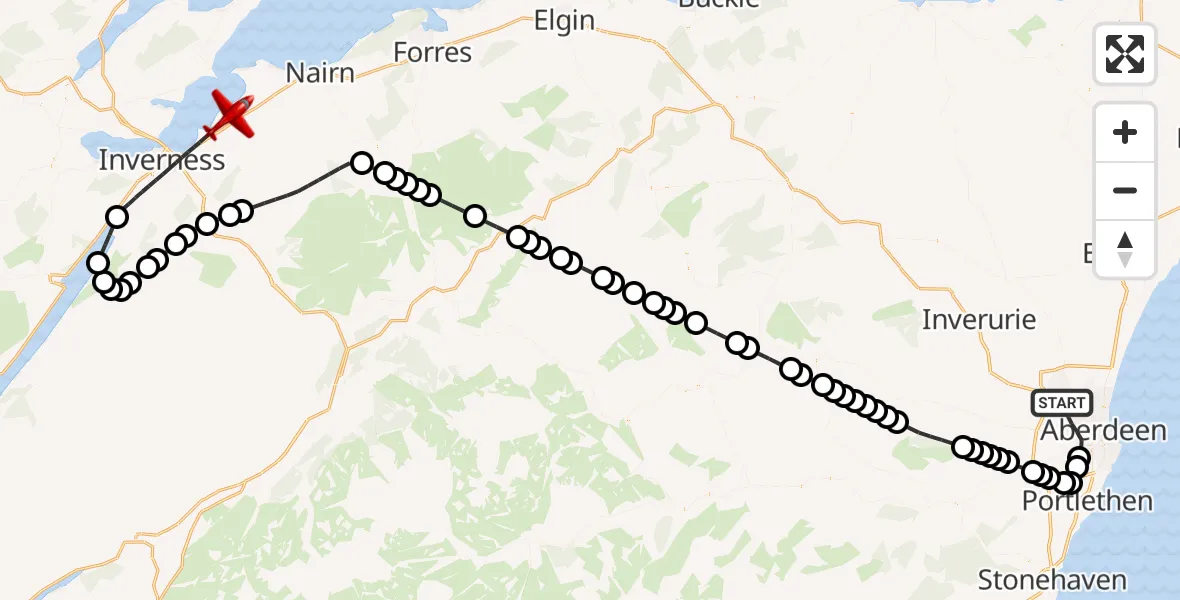 Flight path map showing Air Ambulance Aircraft route from Aberdeen City to Inverness