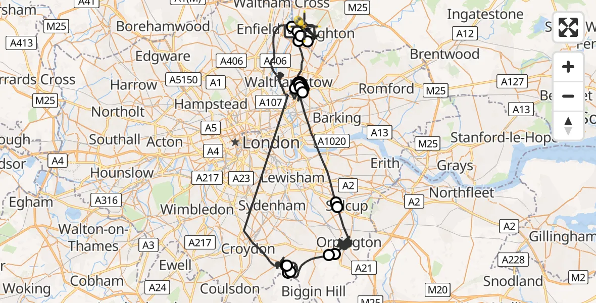Flight path map showing Police Helicopter route from Sewardstonebury to Metropolitan Police Air Support Unit Lippitts Hill