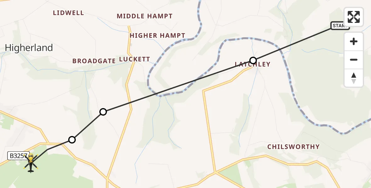 Flight path map showing Police Helicopter route from West Devon to Downgate