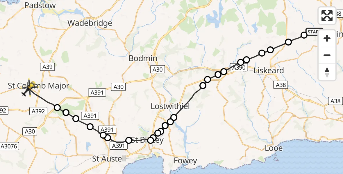 Flight path map showing Police Helicopter route from St Ive Keason to St. Columb Major