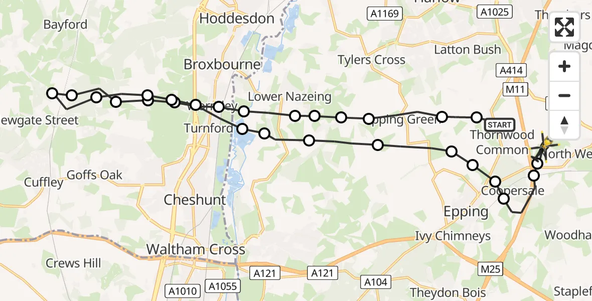 Flight path map showing Police Helicopter route from North Weald Bassett to North Weald Airfield