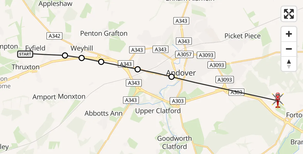 Flight path map showing Air Ambulance Helicopter route from Fyfield to Longparish