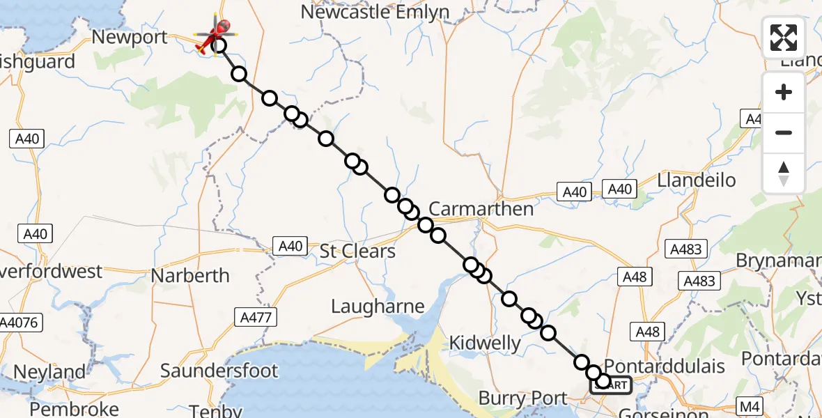 Flight path map showing Air Ambulance Helicopter route from Dafen to Eglwyswrw