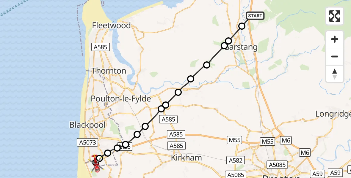 Flight path map showing Air Ambulance Helicopter route from Scorton to Blackpool Airport