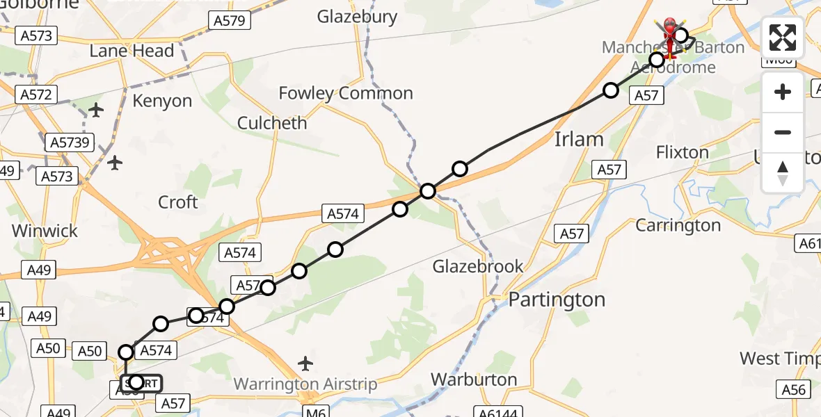 Flight path map showing Air Ambulance Helicopter route from St Oswald's Catholic Primary School to Manchester Barton Aerodrome