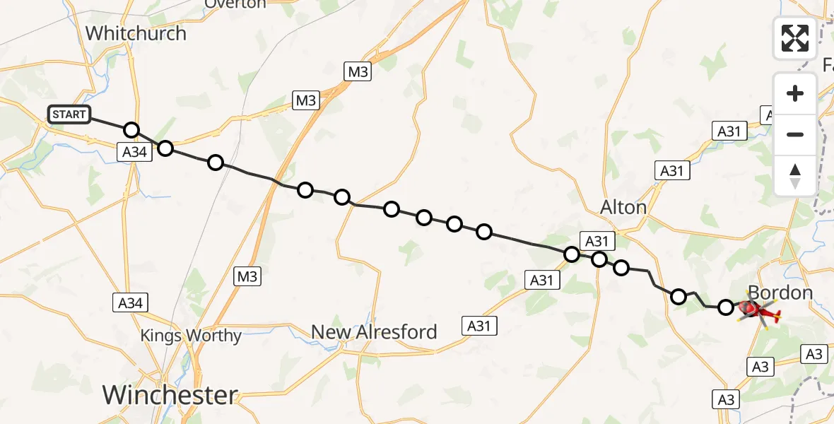 Flight path map showing Air Ambulance Helicopter route from Longparish to Whitehill