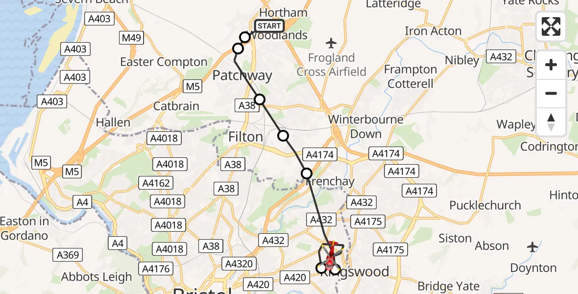 Flight path map showing Air Ambulance Helicopter route from Almondsbury Helicopter Base to Bristol