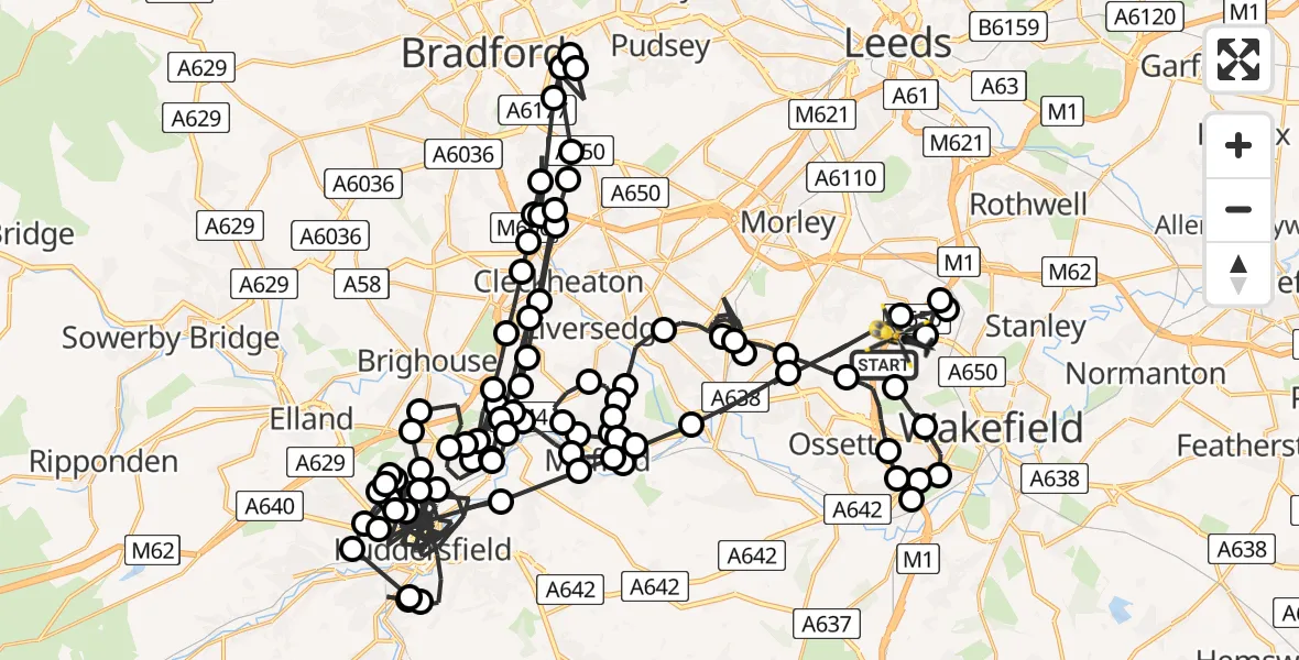 Flight path map showing Police Helicopter route from Ossett to East Ardsley