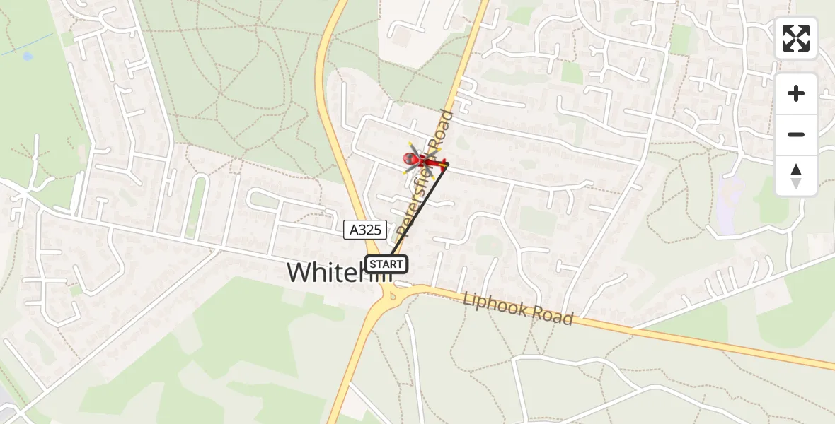 Flight path map showing Air Ambulance Helicopter route from Whitehill to Whitehill