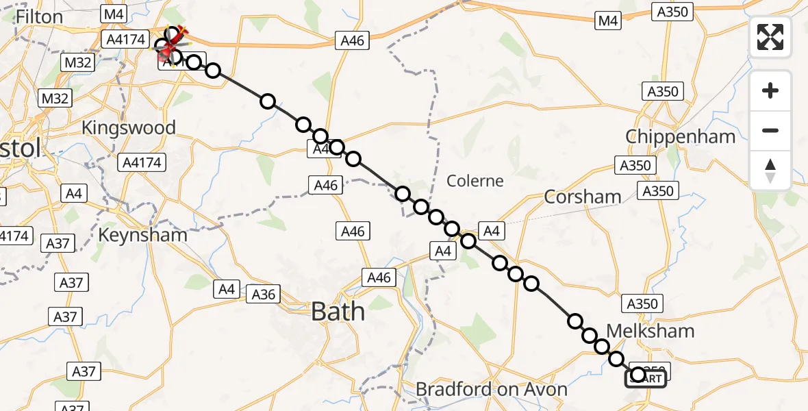 Flight path map showing Air Ambulance Helicopter route from Wiltshire Air Ambulance to South Gloucestershire