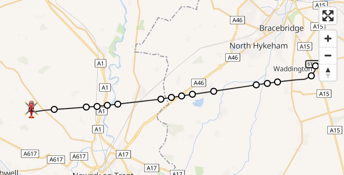 Flight path map showing Air Ambulance Helicopter route from RAF Waddington to Caunton CP