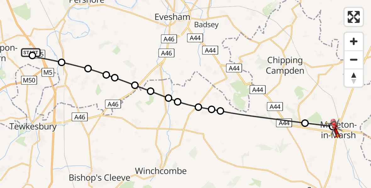 Flight path map showing Air Ambulance Helicopter route from Hill Croome to Moreton-in-Marsh