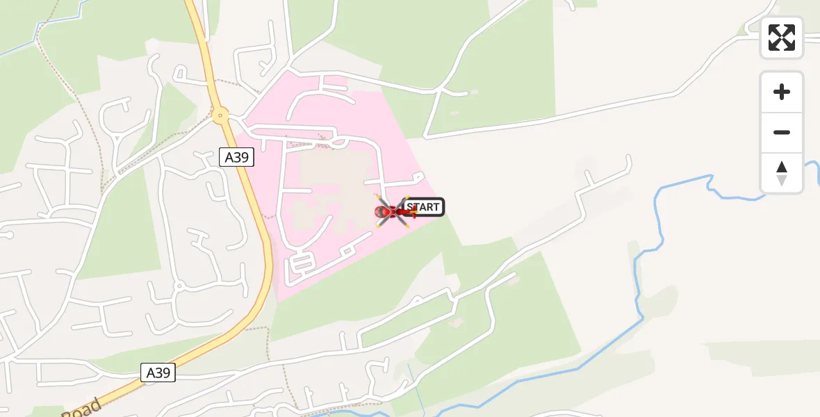 Flight path map showing Air Ambulance Helicopter route from North Devon Hospital to North Devon Hospital
