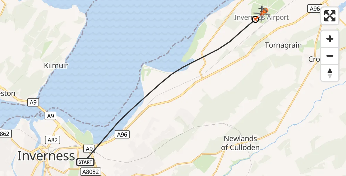 Flight path map showing Coastguard Helicopter route from Inverness to Inverness Airport