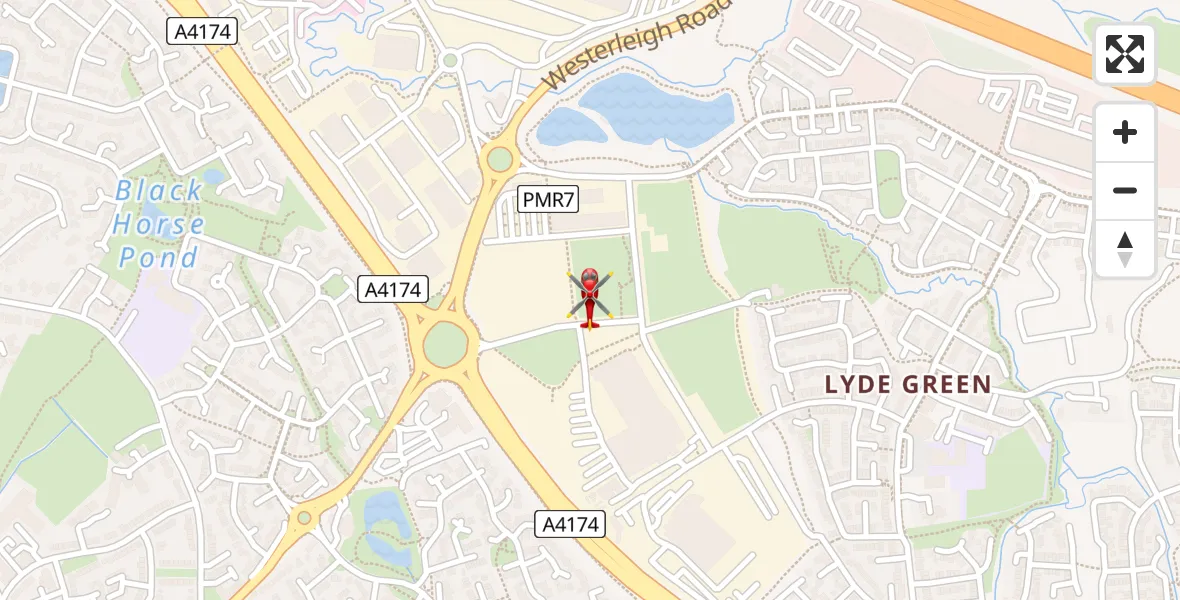 Flight path map showing Air Ambulance Helicopter route from Westerleigh Lane to Westerleigh Lane