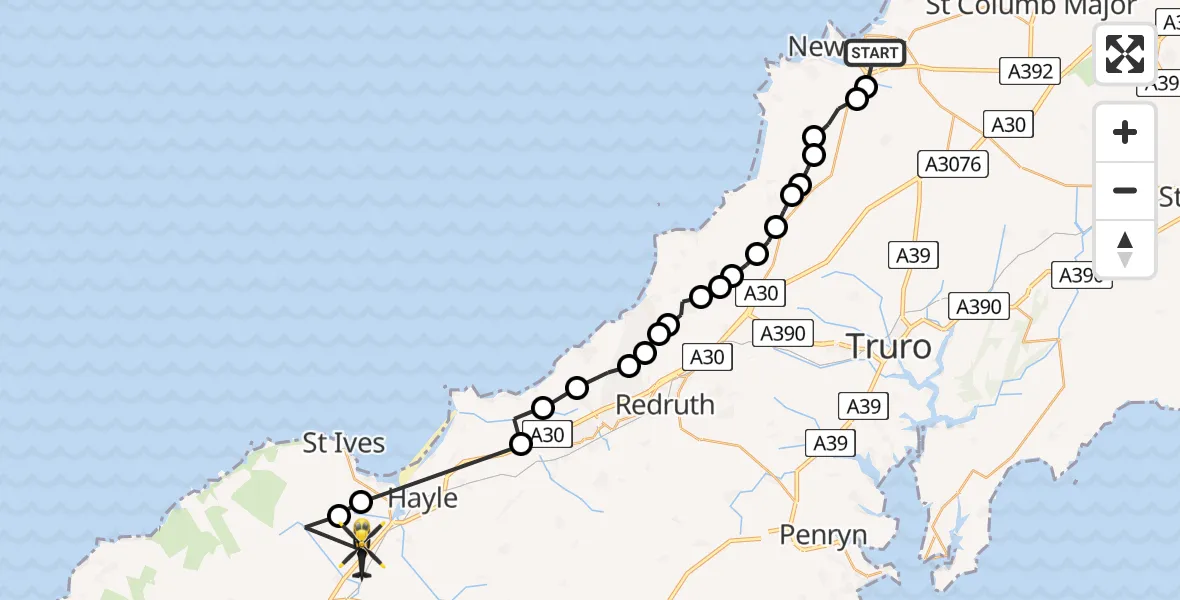 Flight path map showing Police Helicopter route from Porth to Collorian Lane